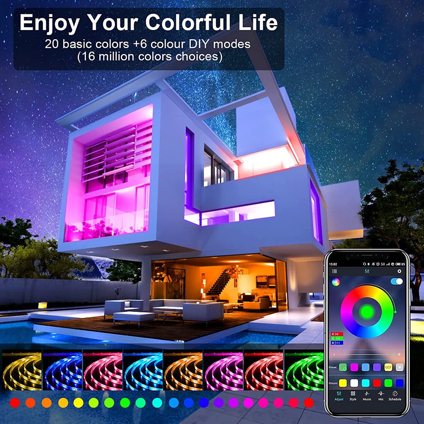 RGB LED Strip Lights - Music Sync, App & Remote Control, Color Changing