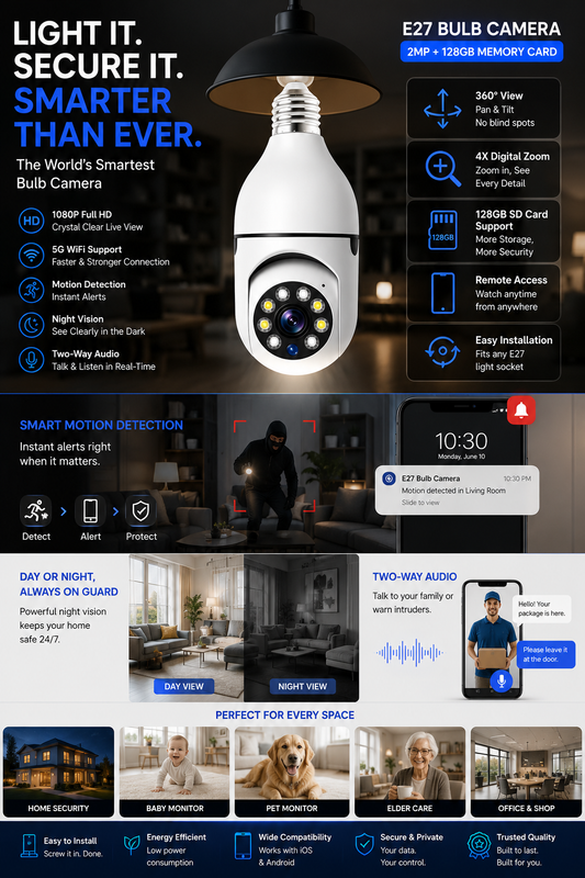 WiFi CAMERA 1080P Bulb 4X Zoom Camera E27 Home 5GWiFi Alarm Monitor