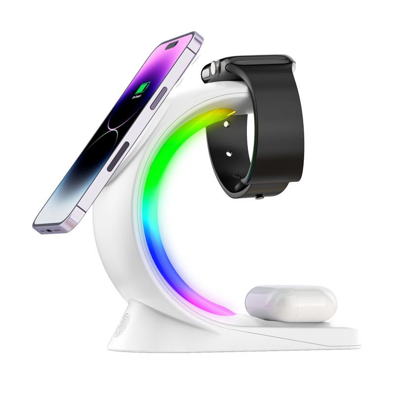 4 In 1 Magnetic Wireless Charger Fast Charging For Smart Phone Atmosphere Light Charging Station For Airpods Pro I-phone Watch-Black