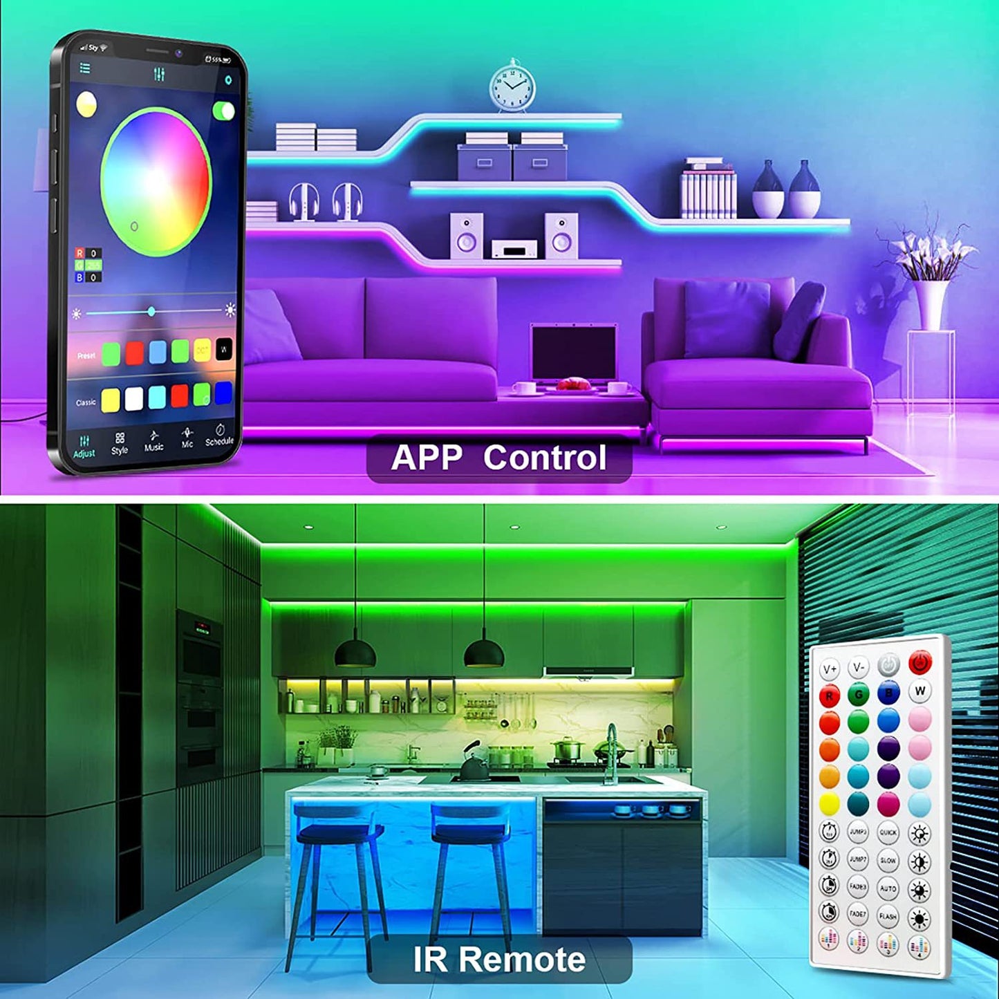 RGB LED Strip Lights - Music Sync, App & Remote Control, Color Changing
