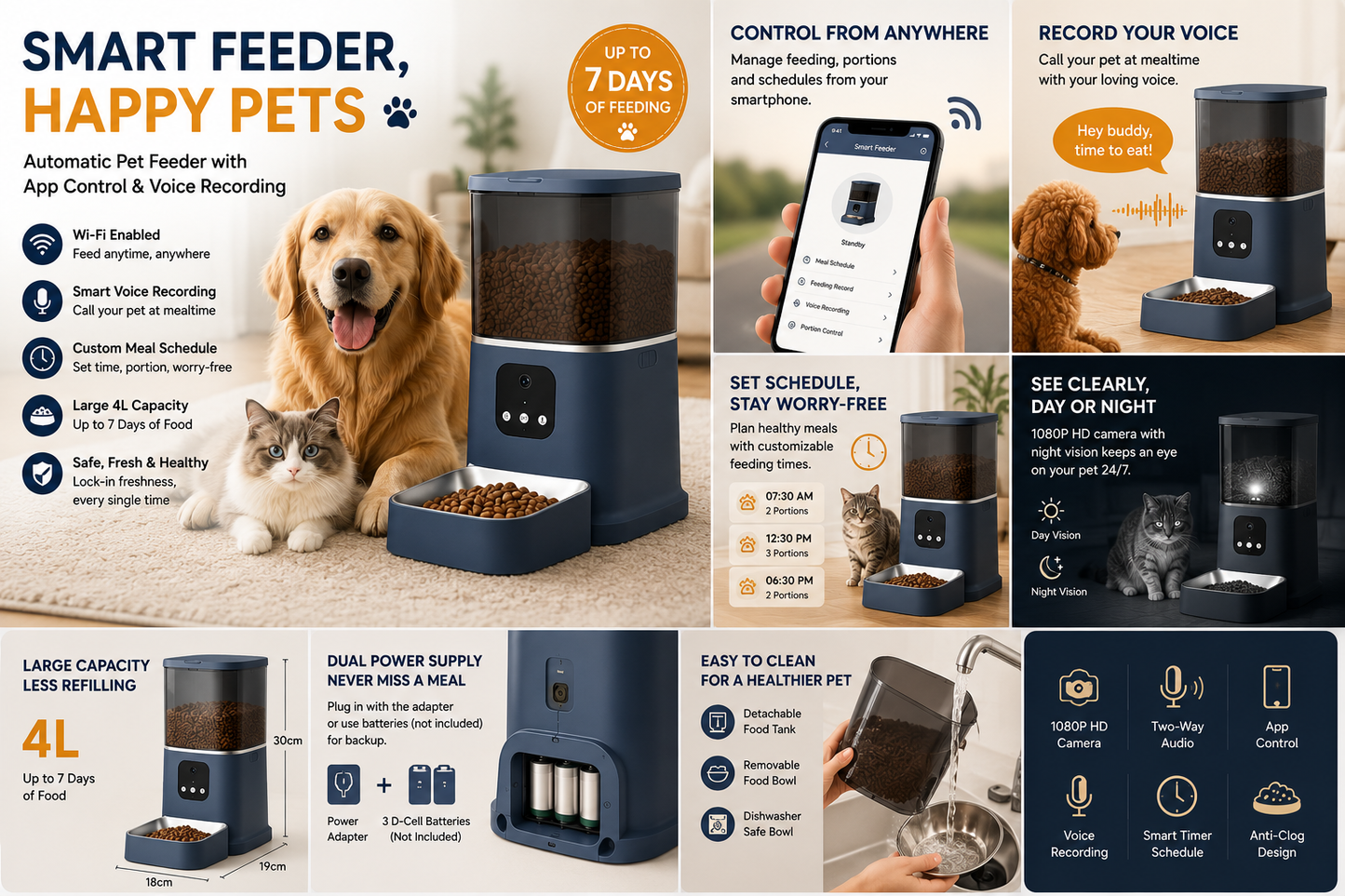 Automatic Pet Feeder, Large Capacity, Smart Voice Recording, App Control, Timer, Cat and Dog Food Dispenser, Wi-Fi Enabled, Pet Bowl-Green