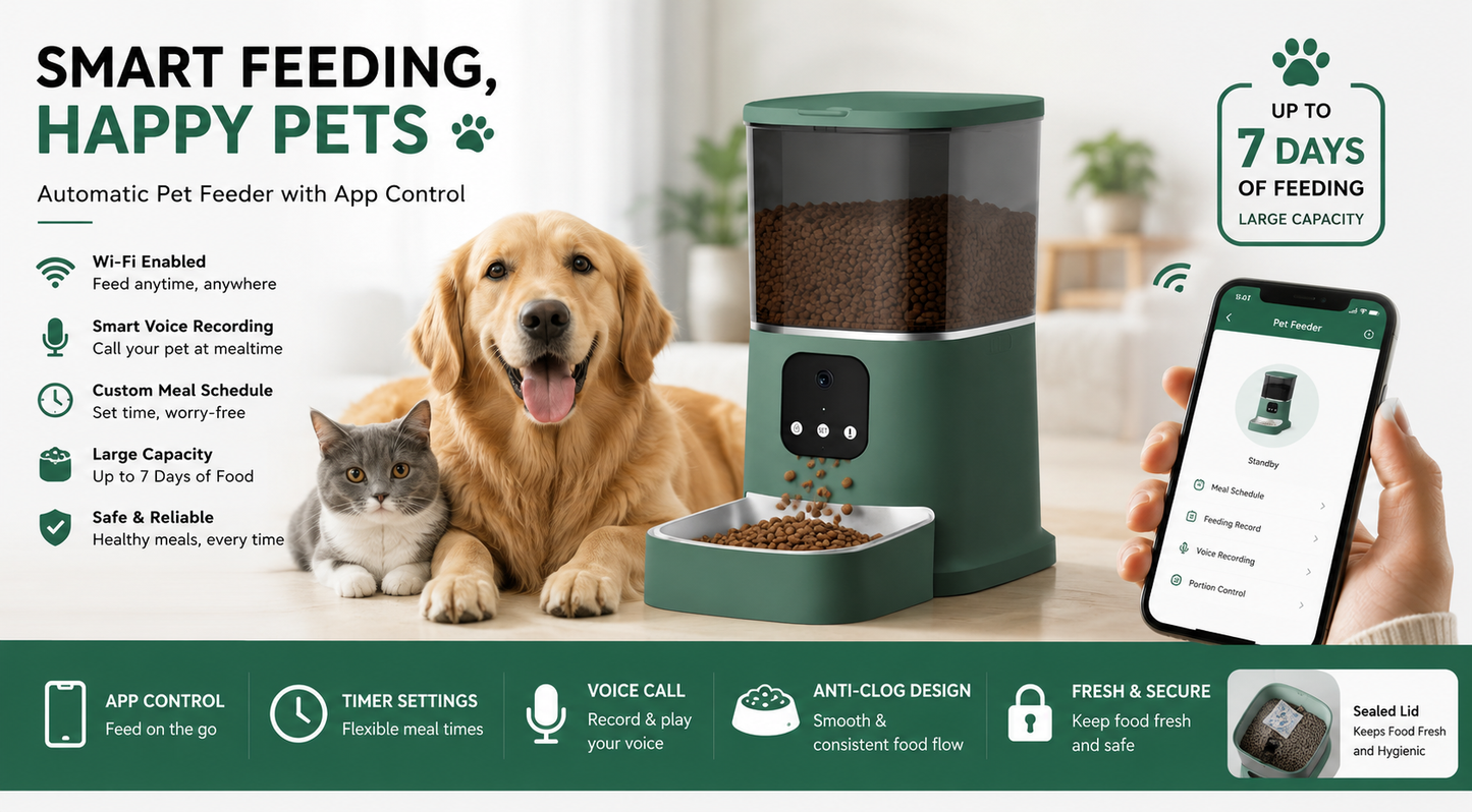 Automatic Pet Feeder, Large Capacity, Smart Voice Recording, App Control, Timer, Cat and Dog Food Dispenser, Wi-Fi Enabled, Pet Bowl-Green