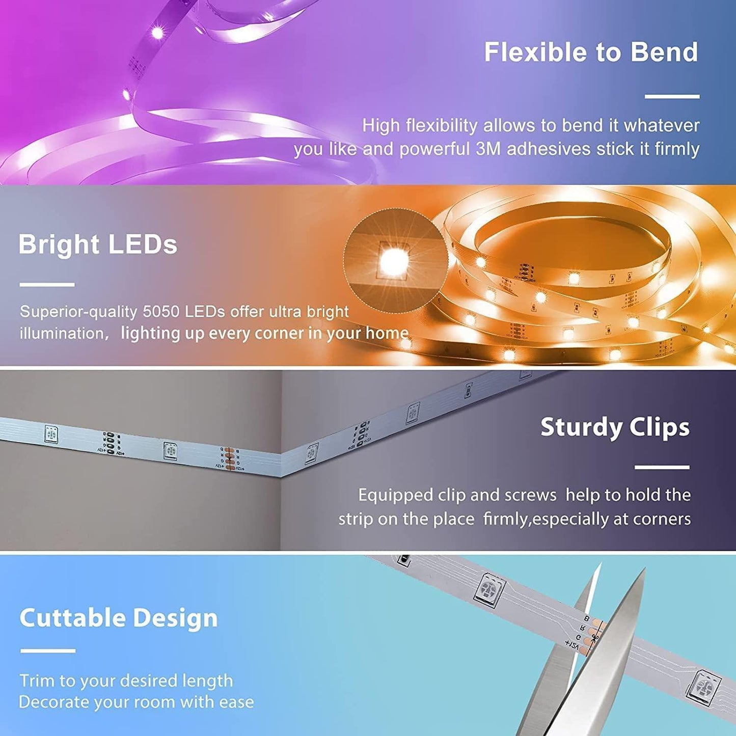 RGB LED Strip Lights - Music Sync, App & Remote Control, Color Changing