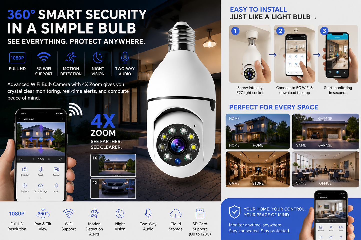 WiFi CAMERA 1080P Bulb 4X Zoom Camera E27 Home 5GWiFi Alarm Monitor