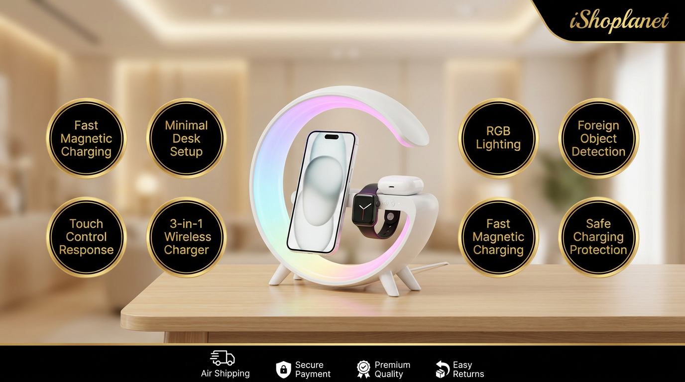 4 In 1 Magnetic Wireless Charger Fast Charging For Smart Phone Atmosphere Light Charging Station For Airpods Pro I-phone Watch-Black