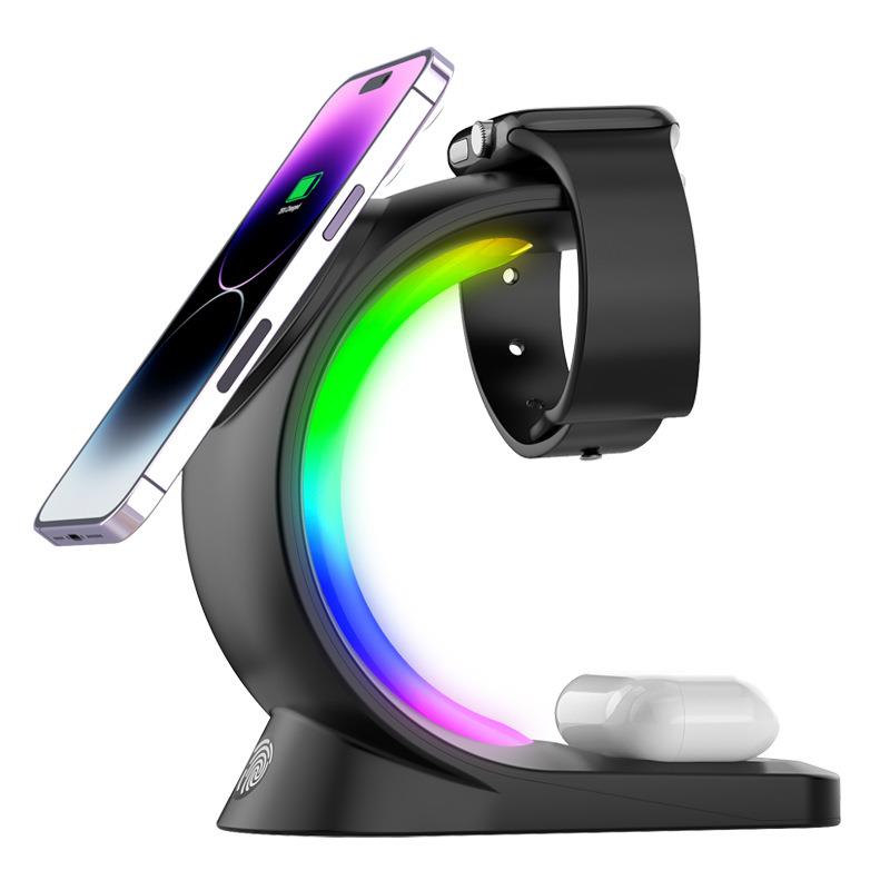 4 In 1 Magnetic Wireless Charger Fast Charging For Smart Phone Atmosphere Light Charging Station For Airpods Pro I-phone Watch-Black