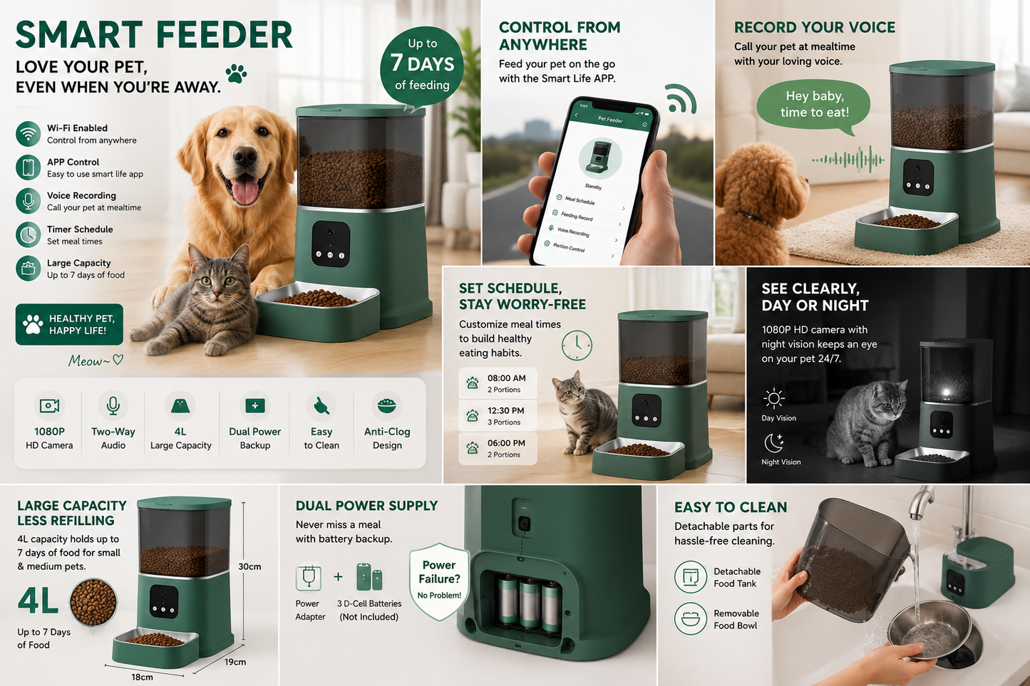 Automatic Pet Feeder, Large Capacity, Smart Voice Recording, App Control, Timer, Cat and Dog Food Dispenser, Wi-Fi Enabled, Pet Bowl-Green